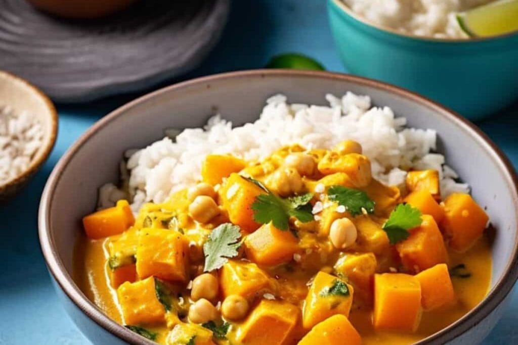 A bowl of butternut squash and chickpea curry recipes served with rice.