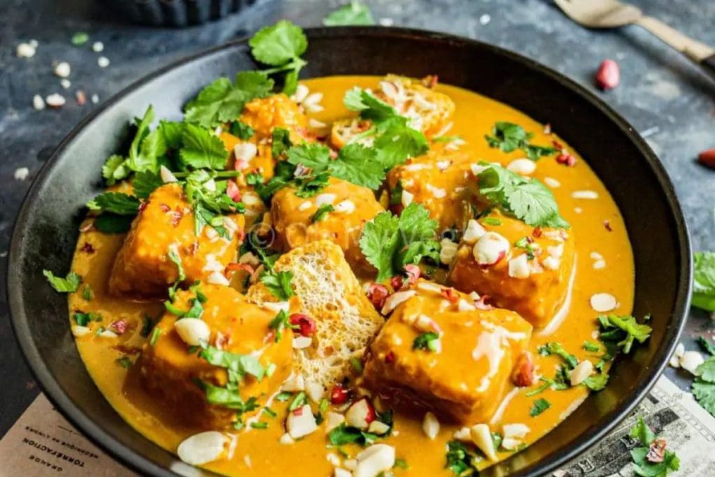 A bowl of curry recipes with tofu and garnished with cilantro and crushed nuts.