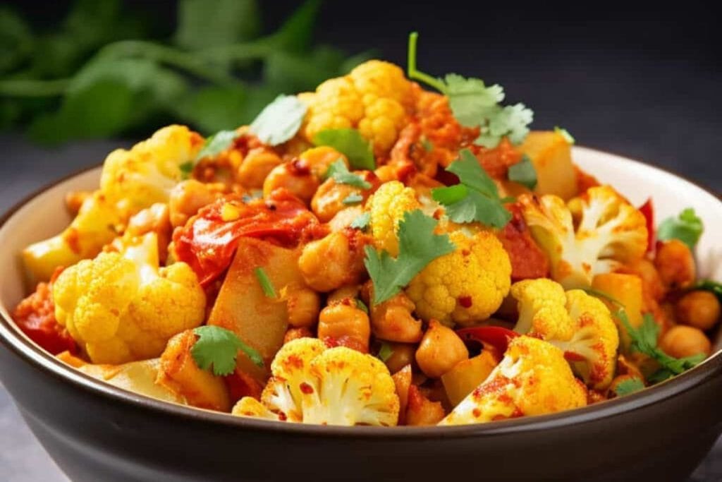 A bowl of spicy cauliflower and chickpea curry recipes garnished with cilantro.