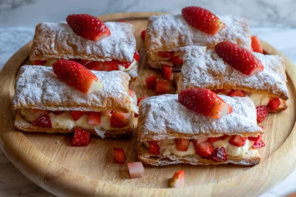 Four Spring strawberry pastries with powdered sugar on top, served on a wooden board.